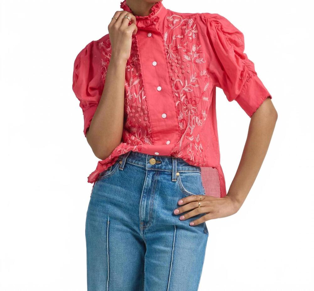 NEW THIERRY COLSON vita embroidered short sleeve blouse in raspberry